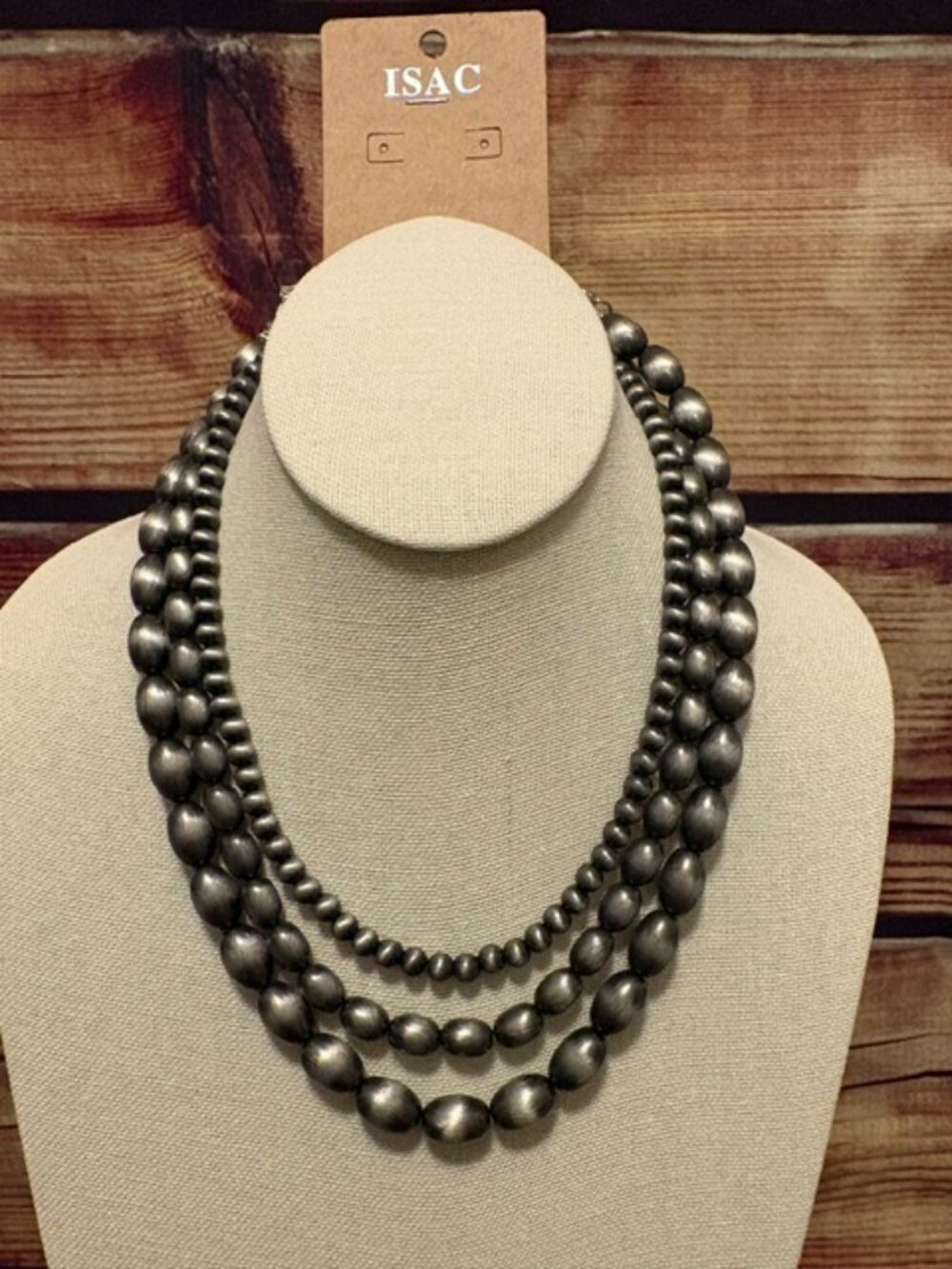 ISAC 17" Handmade 3-Strand Western Bead Necklace Navajo Style Silver Tone NWT